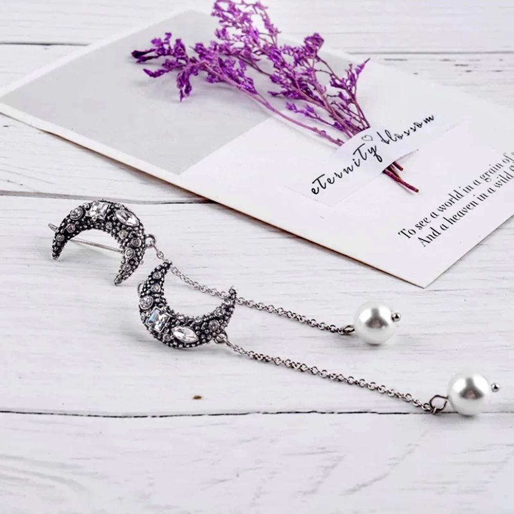 Pearl Drop Linear Silver Moon Crystal Earrings NEW